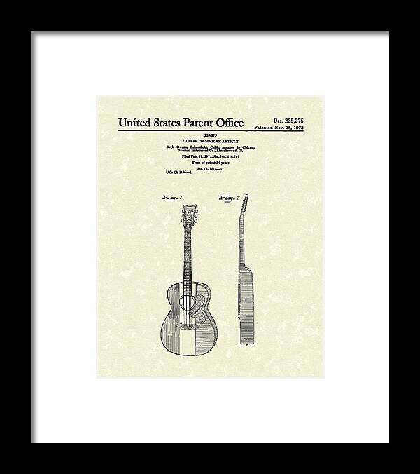 Buck Framed Print featuring the drawing Buck Owens Guitar 1972 Patent Art by Prior Art Design