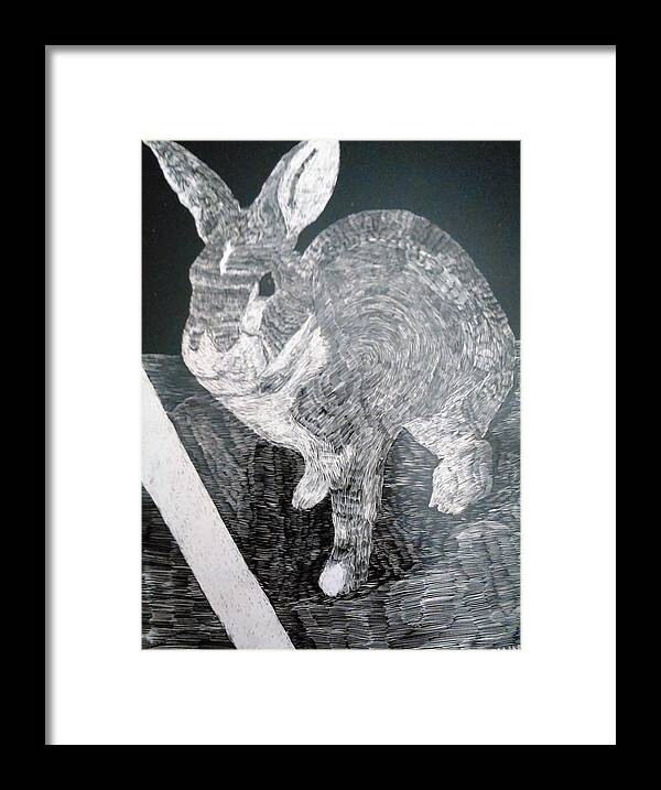 Scratchboard Framed Print featuring the mixed media Bugsy the Rabbit by Andrew Blitman