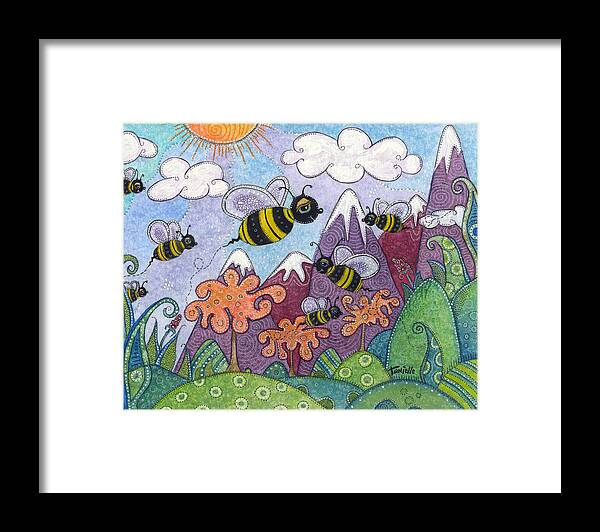 Whimsical Landscape Framed Print featuring the painting Bumble Bee Buzz by Tanielle Childers