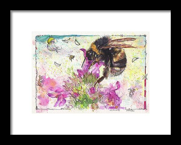 Bees Framed Print featuring the painting Bumble Bee on flower by Petra Rau