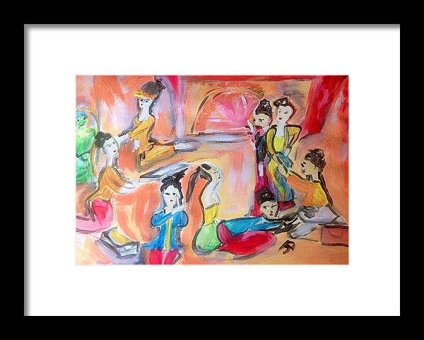Dancers Framed Print featuring the painting Burmese dancers by Judith Desrosiers
