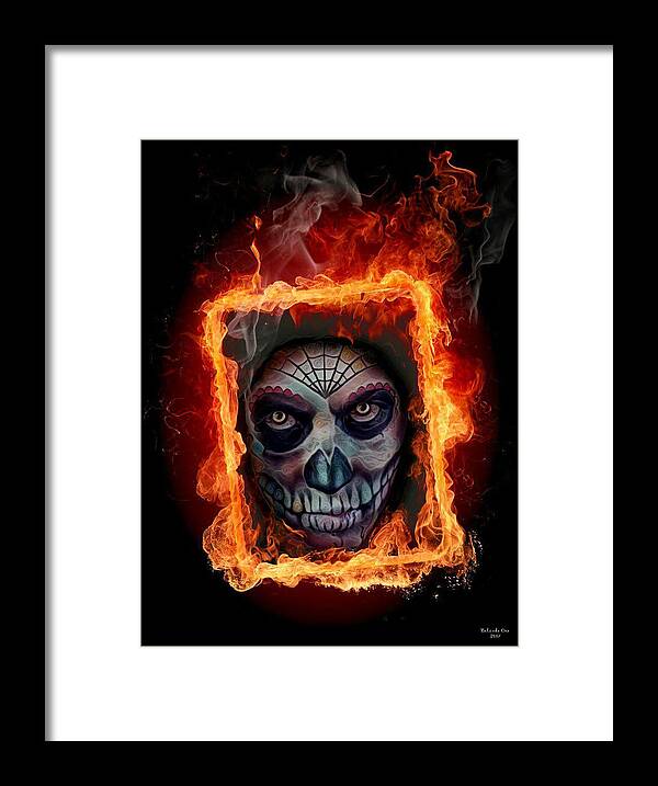 Digital Art Framed Print featuring the digital art Burning Frame and Skull by Artful Oasis