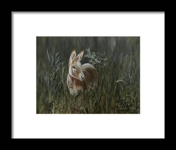 Landscape Framed Print featuring the painting Burro in the Wild by Roseann Gilmore