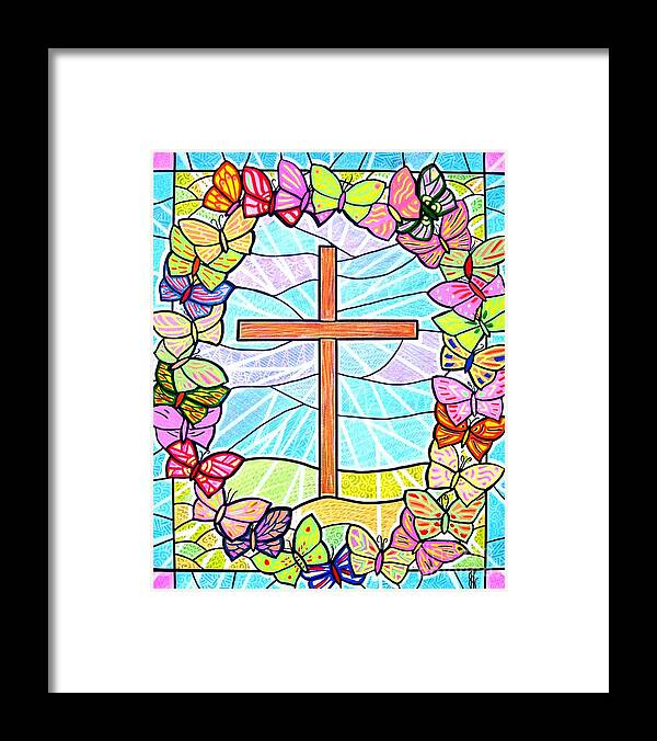 Easter Framed Print featuring the painting Butterflies and Cross by Jim Harris