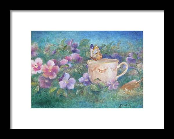 Illustrated Butterfly On Teacup Framed Print featuring the painting Butterfly on Teacup by Judith Cheng