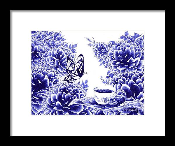 Butterfly Framed Print featuring the drawing Butterfly Teatime by Alice Chen
