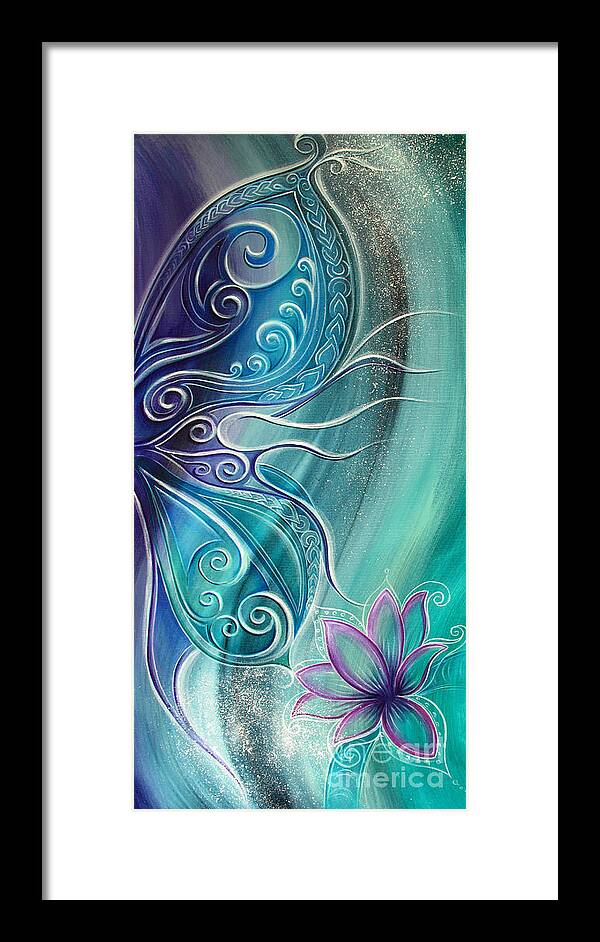 Butterfly Framed Print featuring the painting Butterfly Wing with Lotus by Reina Cottier