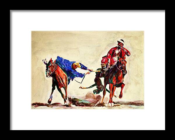 Buzkashi Framed Print featuring the painting Buzkashi, a power game by Khalid Saeed