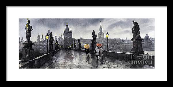 Prague Framed Print featuring the painting BW Prague Charles Bridge 05 by Yuriy Shevchuk