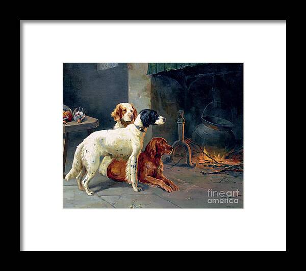 Dogs Framed Print featuring the painting By the Fire by Alfred Duke