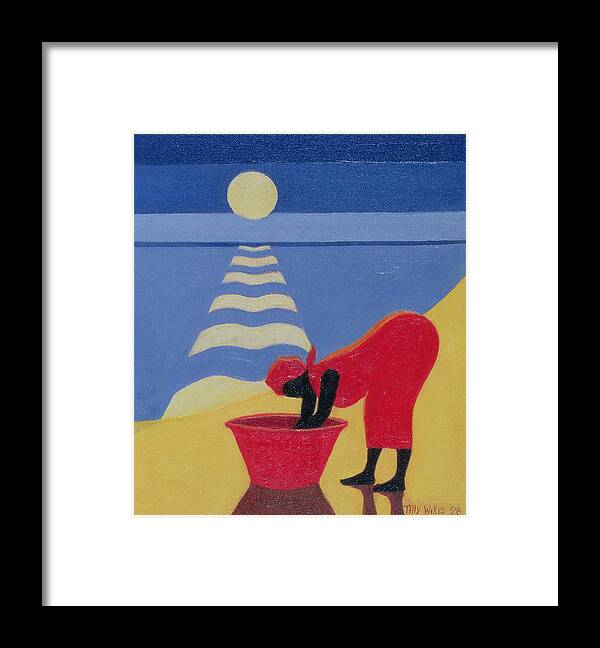African; Africa; Beach; Sun; Laundry; Washing; Woman; Bending; Native; Basket; Red; Sunset; Sand; Sunshine; Sea; Sea Shore; Water; Female; Shadow Framed Print featuring the painting By the Sea Shore by Tilly Willis 