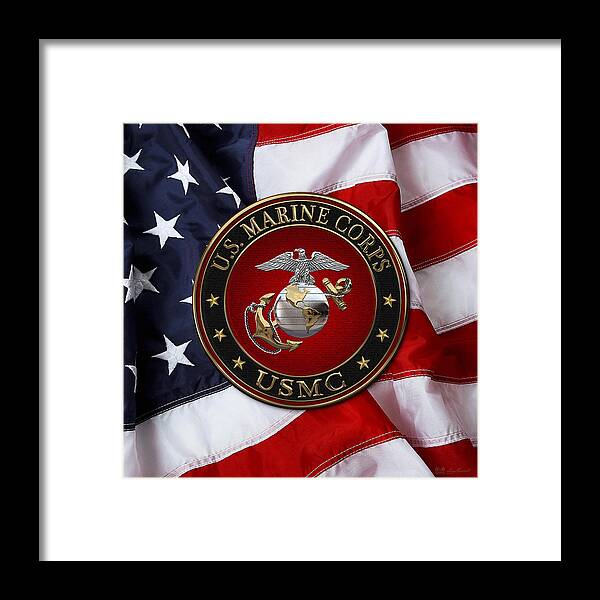 'usmc' Collection By Serge Averbukh Framed Print featuring the digital art C O and Warrant Officer E G A Special Edition over American Flag by Serge Averbukh