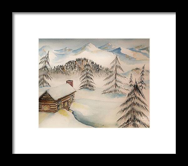 Snow Framed Print featuring the painting Cabin in the Rockies by Mastiff Studios