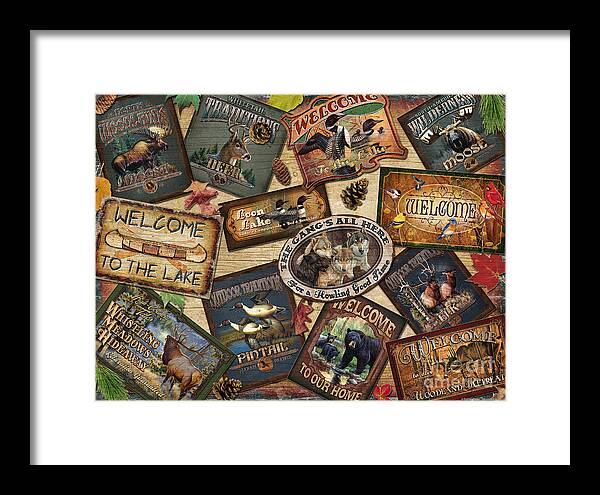 Cynthie Fisher Framed Print featuring the painting Cabin sign collage by JQ Licensing
