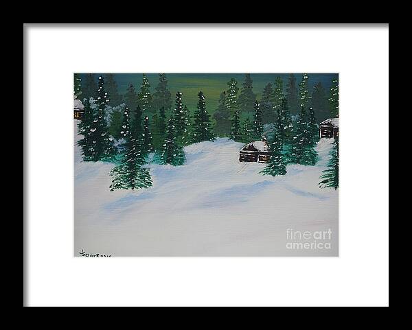 Snow Framed Print featuring the painting Cabins in the Woods by Jimmy Clark