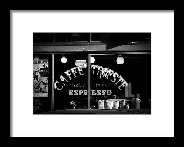 Bonnie Follett Framed Print featuring the photograph Caffe Trieste Espresso WIndow BW by Bonnie Follett