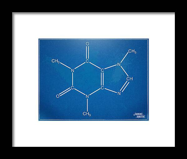 Caffeine Framed Print featuring the digital art Caffeine Molecular Structure Blueprint by Nikki Marie Smith