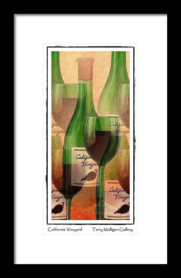 California Framed Print featuring the digital art California Vineyard Wine Bottle and Glass by Terry Mulligan