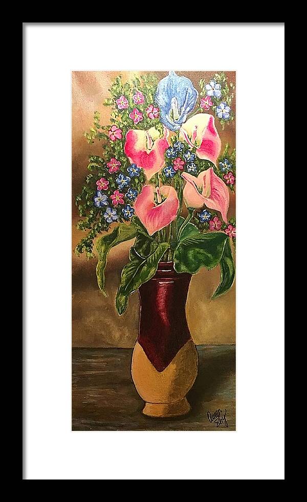 Flower Framed Print featuring the painting Calla Lilies and Forget Me Nots by Queen Gardner