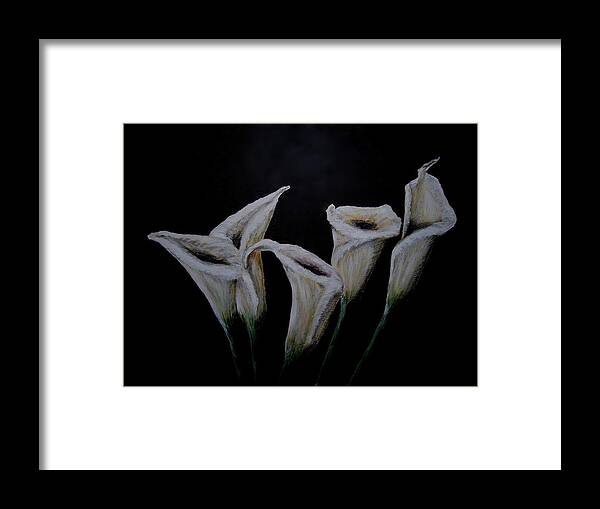 Floral Framed Print featuring the painting Calli Lillies in the Dark by Dyanne Parker