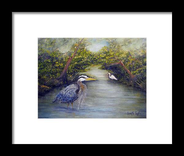 Heron Framed Print featuring the painting Calm Waters by Loretta Luglio