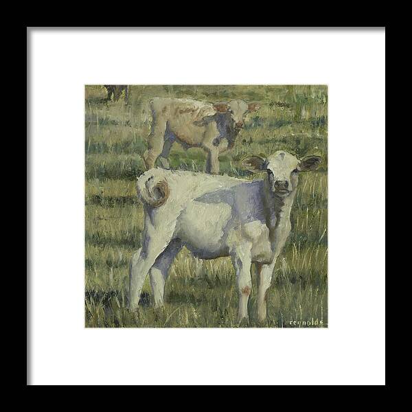 Cows Framed Print featuring the painting Calves in the Pasture by John Reynolds