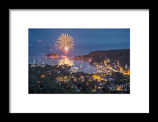 4th Of July Framed Print featuring the photograph Camden Fireworks from Mount Battie by Benjamin Williamson