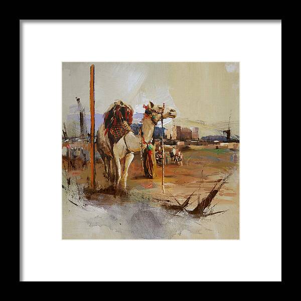 Fujairah Fort Framed Print featuring the painting Camels and Desert 25 by Mahnoor Shah