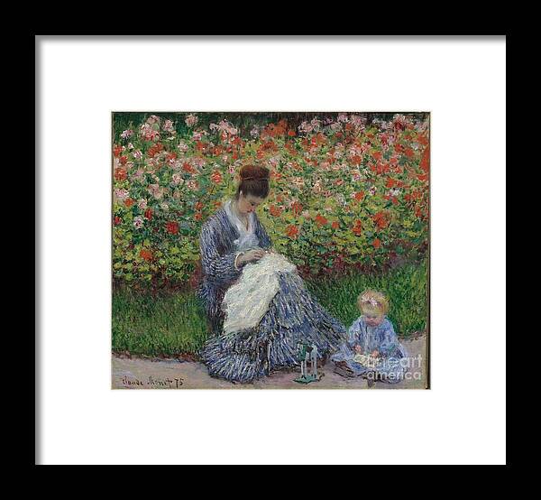 Camille Monet And A Child In The Artist's Garden In Argenteuil 1875 Claude Monet (french Framed Print featuring the painting Camille Monet and a Child in the Artist's Garden in Argenteuil by MotionAge Designs