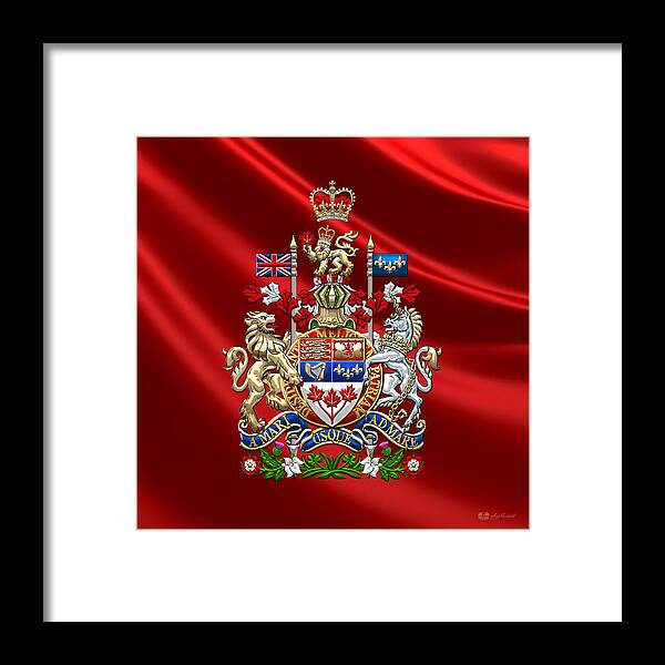 'world Heraldry' Collection By Serge Averbukh Framed Print featuring the digital art Canada Coat of Arms over Red Silk by Serge Averbukh