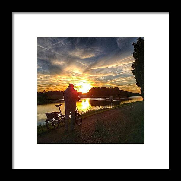Cyclist Framed Print featuring the photograph Canal Lommel And Cyclist At Sunset by Marcel Imants