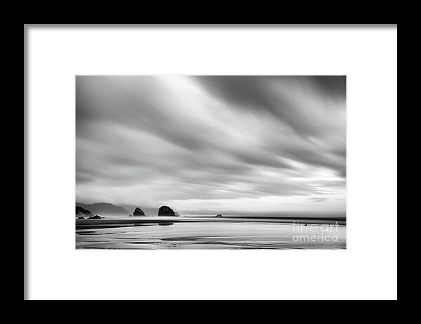 Haystack Rock Framed Print featuring the photograph Cannon Beach long exposure sunrise in black and white by Paul Quinn