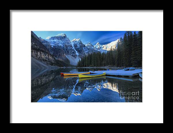 Moraine Lake Framed Print featuring the photograph Canoes In Paradise by Adam Jewell