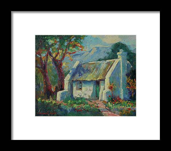 Cape Cottage Framed Print featuring the painting Cape Cottage with Mountains Art Bertram Poole by Thomas Bertram POOLE