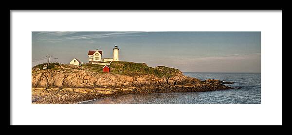 Cape Neddick Framed Print featuring the photograph Cape Neddick Lighthouse Island in Evening Light - Panorama by At Lands End Photography