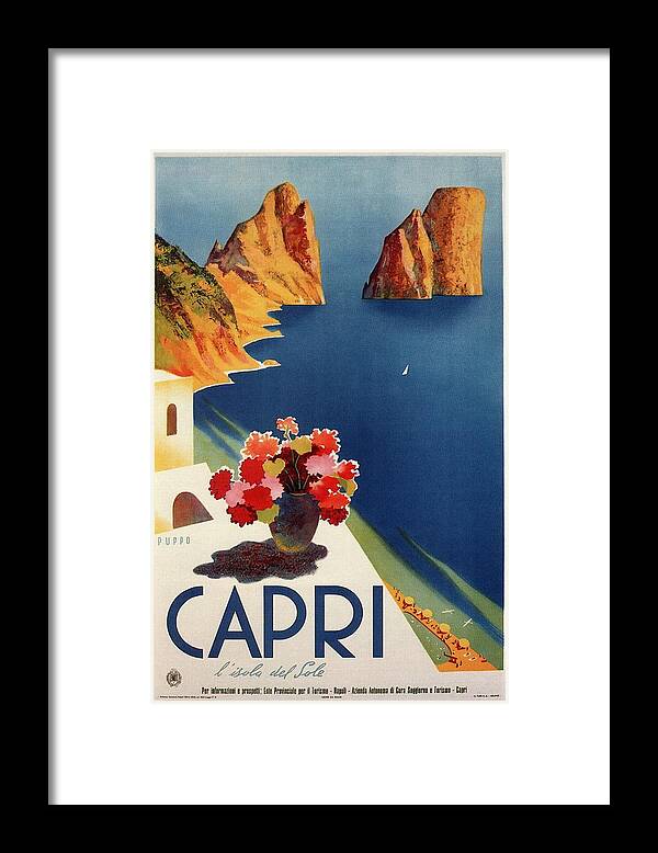 Capri Island Naples Italy Flowers Bay Sea Mountains Water Tourism Lithograph Retro Advertising Poster Poster Wall Art Vintage Retro Travel 1920 Retro Travel Art Retro Poster Vintage Poster Poster Print Travel Poster Illustrated Poster Gifts Illustration Buy Art Online Vintage Travel Poster Affiche Bauhaus Art Nouveau Art Deco 1920 Poster Vintage Decor Classical European Vintage Posters Best Seller Affiche Vintage Office Decor Modern Wall Decor Home Decor Framed Print featuring the mixed media Capri Island, Bay of Naples, Italy - Retro travel Poster - Vintage Poster by Studio Grafiikka