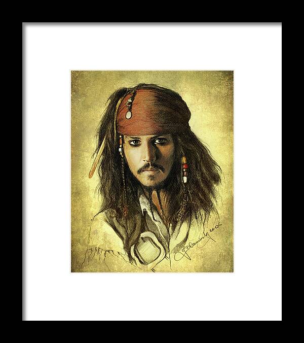 Face Framed Print featuring the drawing Captain Jack Sparrow by Jaroslaw Blaminsky