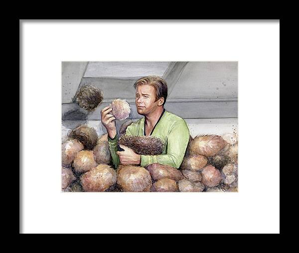 Star Trek Framed Print featuring the painting Captain Kirk and Tribbles by Olga Shvartsur
