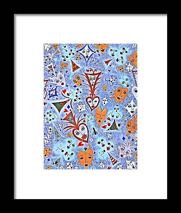 Lise Winne Framed Print featuring the digital art Card Game Symbols with Faces in Blue by Lise Winne