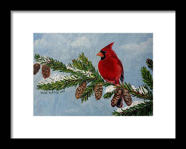 Cardinal Framed Print featuring the painting Cardinal on Snowy Branch by Julie Brugh Riffey