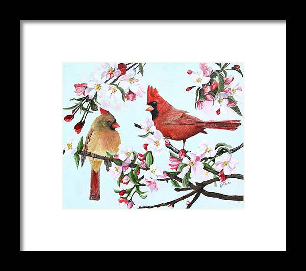 Song Bird Framed Print featuring the painting Cardinals and Apple Blossoms by Johanna Lerwick