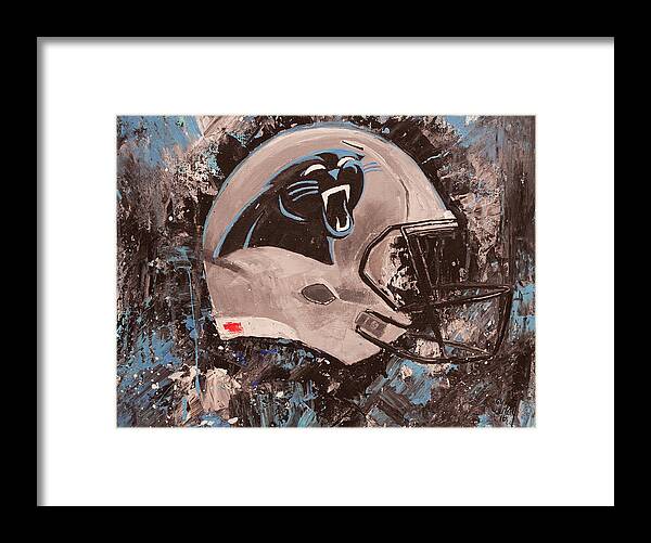 Carolina Panthers Wall Art Framed Print featuring the painting Carolina Panthers Football Helmet Painting Wall Art by Gray Artus