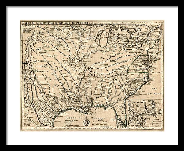 Map Framed Print featuring the digital art Carte de la Louisiane et du cours du Mississipi 1718 by Texas Map Store
