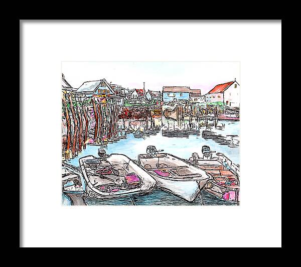 Pen Framed Print featuring the drawing Carvers Harbour with Boats , Vinal Haven, Maine by Michele A Loftus