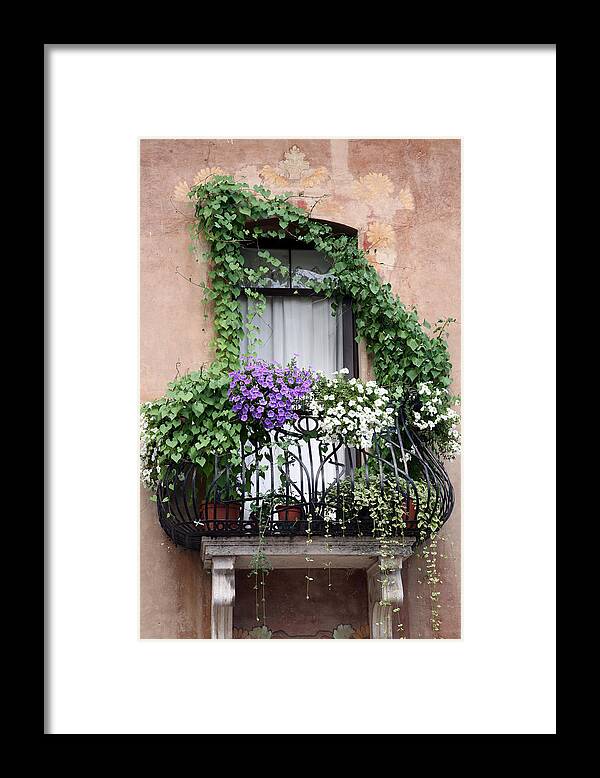 Windows And Doors Framed Print featuring the photograph Cascading Floral Balcony by Donna Corless