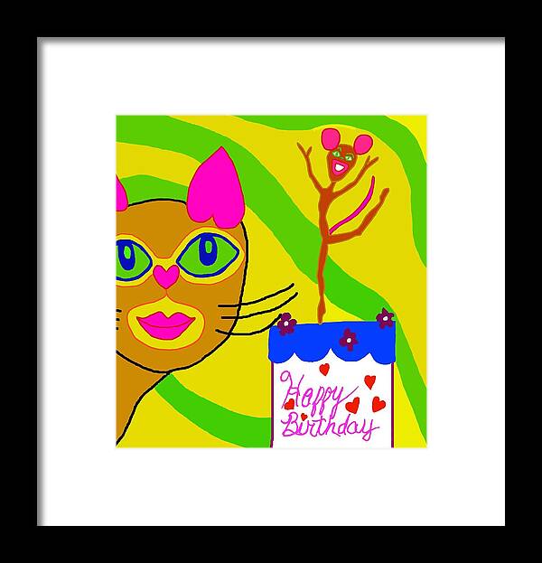 Cake Framed Print featuring the digital art Cat and Mouse Bday 2 by Laura Smith