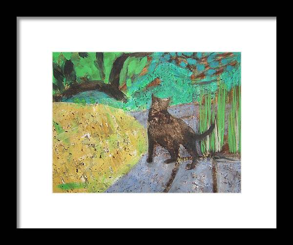 Cat In A Garden Framed Print featuring the painting Cat in a Garden by Kazumi Whitemoon