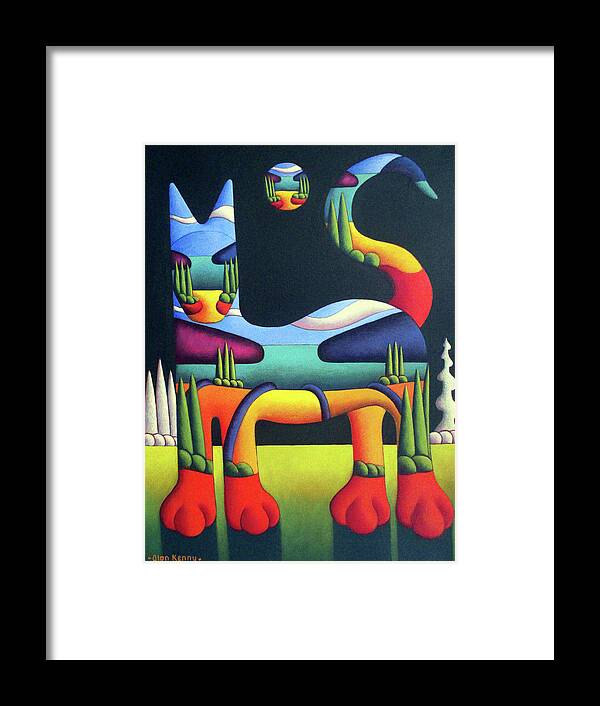 Cat Framed Print featuring the painting Cat in landscape in cat with white trees by Alan Kenny