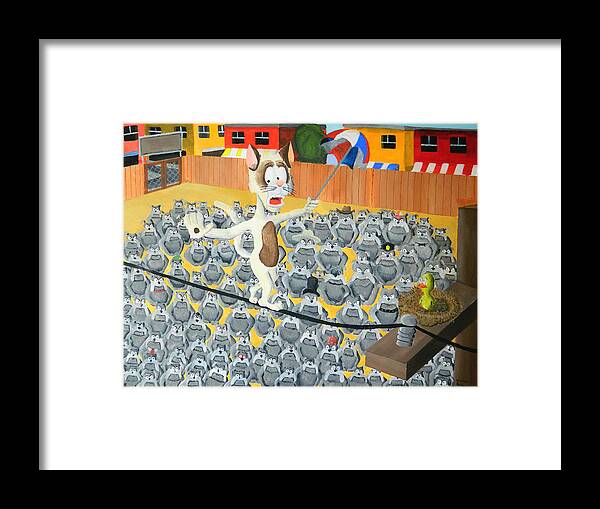 Cat On A Wire Framed Print featuring the painting Cat on a Wire by Winton Bochanowicz