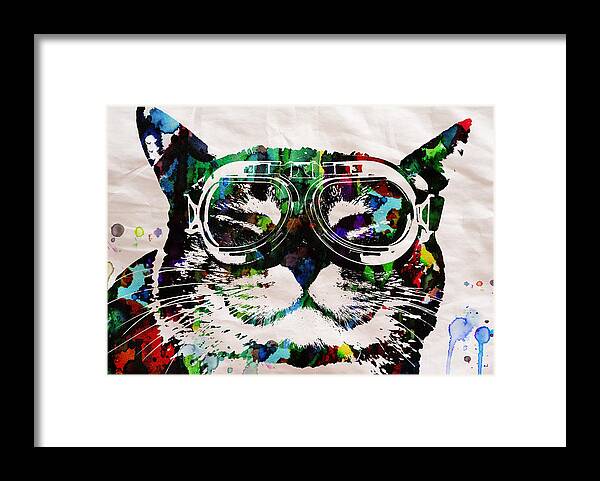 Cat Framed Print featuring the painting Cat Watercolor Rainbow Dreaming in COLOR Poster Print by Robert R by Robert R Splashy Art Abstract Paintings